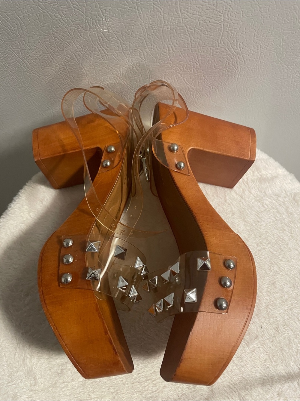 Madden Girl Clear Strap Platform Sandals - Tan Wood Heel - Picture 6 of 7